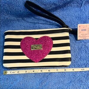 Betsey Johnson Black and White Striped Clutch with Glitter Heart